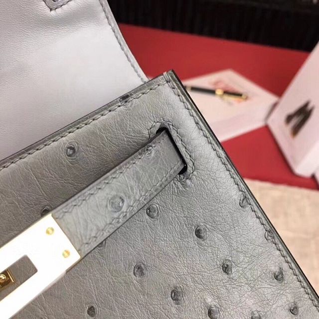Hermes handmade genuine 100% ostrich leather kelly 19 bag K019 grey