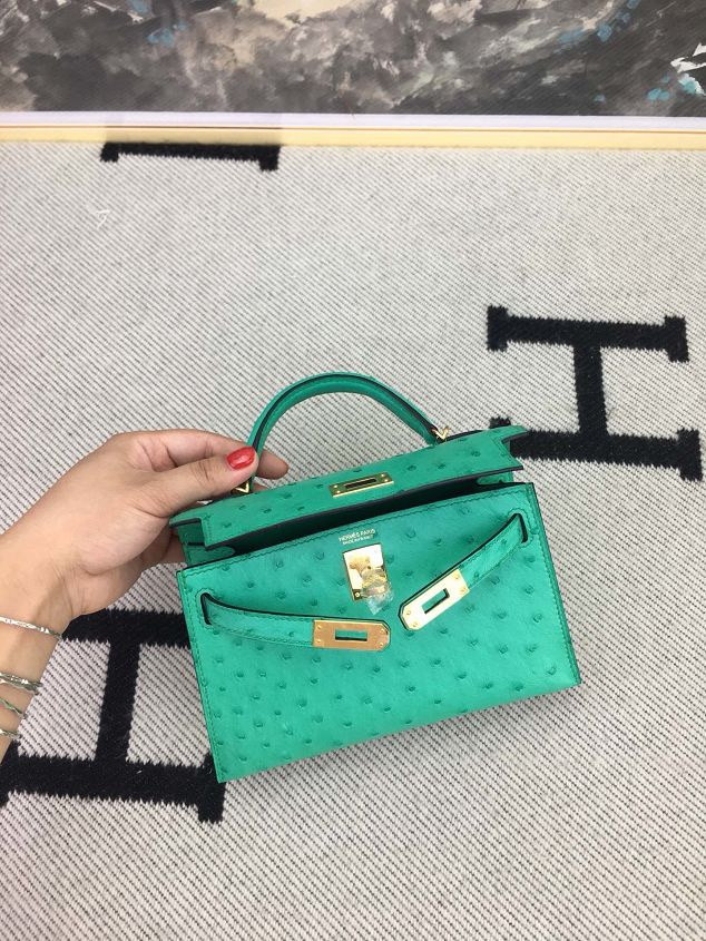 Hermes handmade genuine 100% ostrich leather kelly 19 bag K019 green