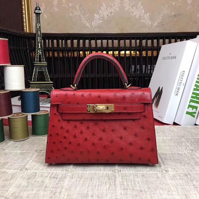 Hermes handmade genuine 100% ostrich leather kelly 19 bag K019 red