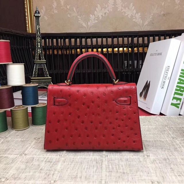 Hermes handmade genuine 100% ostrich leather kelly 19 bag K019 red