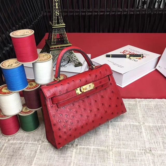 Hermes handmade genuine 100% ostrich leather kelly 19 bag K019 red