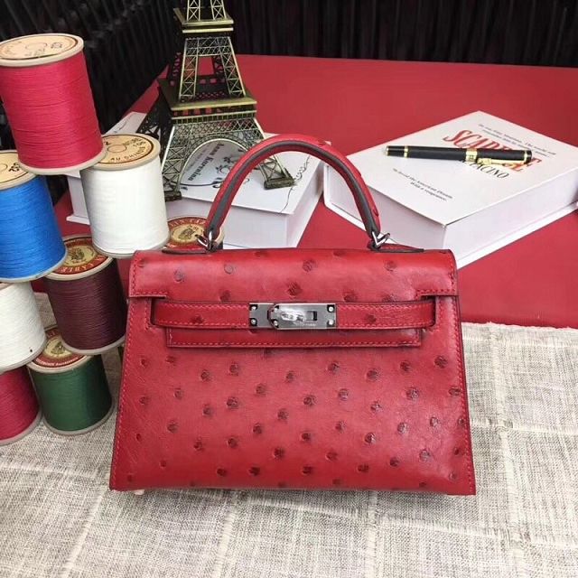 Hermes handmade genuine 100% ostrich leather kelly 19 bag K019 red