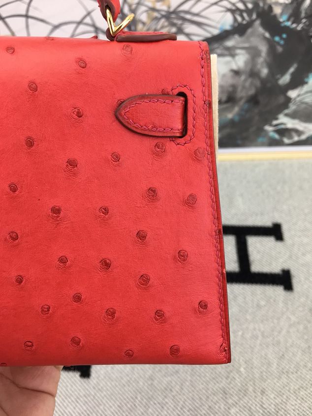Hermes handmade genuine 100% ostrich leather kelly 19 bag K019 red