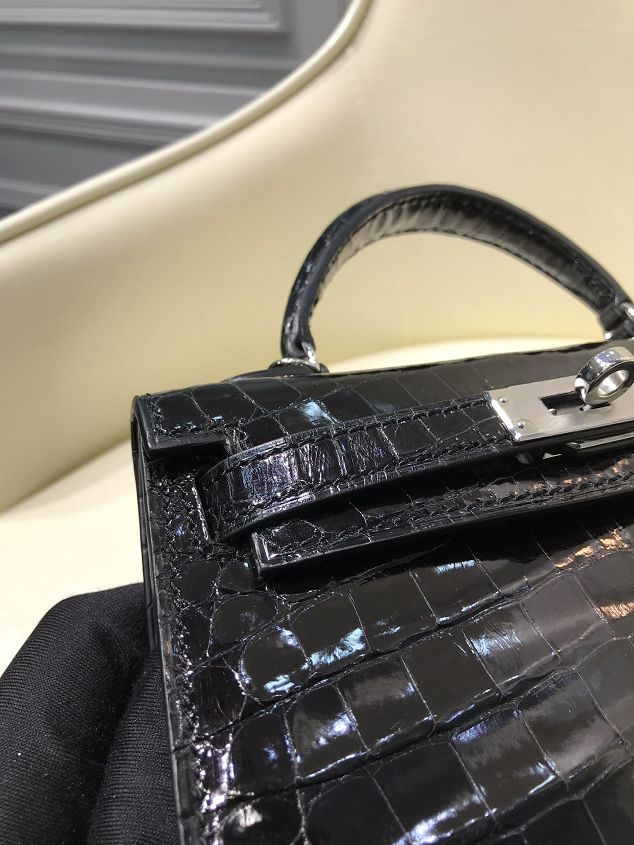 Top hermes 100% genuine crocodile leather mini kelly bag K0019 black