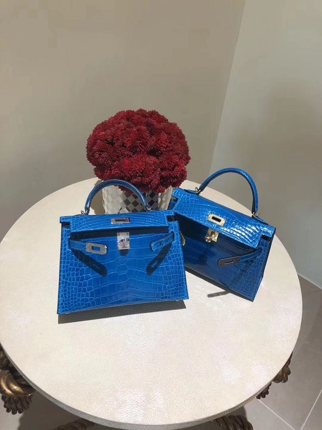 Top hermes 100% genuine crocodile leather mini kelly bag K0019 blue