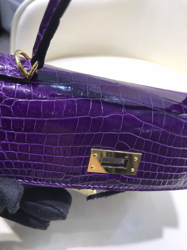 Top hermes 100% genuine crocodile leather mini kelly bag K0019 purple