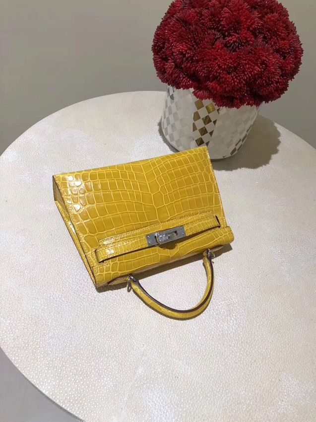 Top hermes 100% genuine crocodile leather mini kelly bag K0019 yellow