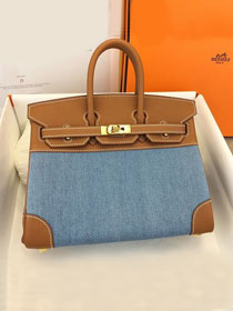 Hermes handmade original calfskin&canvas birkin bag BK00037 blue&brown