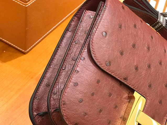 Top hermes genuine 100% ostrich leather handmade constance bag C0023 bordeaux