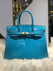 Top hermes genuine 100% crocodile leather handmade birkin 35 bag K350 blue du nord 