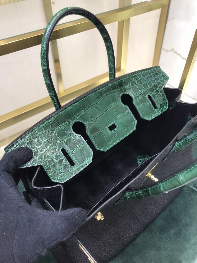 Hermes handmade original crocodile leather&calfskin birkin bag BK0035 black&green