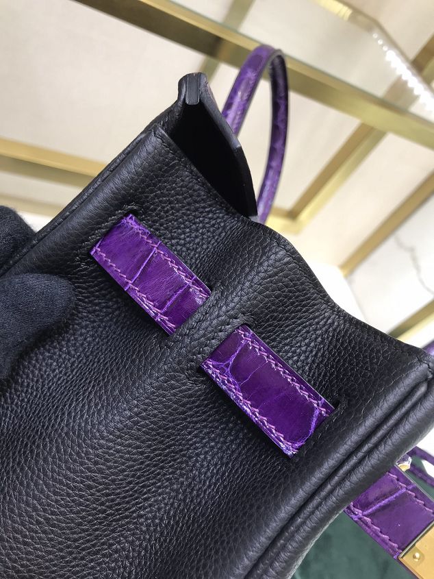 Hermes handmade original crocodile leather&calfskin birkin bag BK0035 black&purple