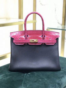 Hermes handmade original crocodile leather&calfskin birkin bag BK0035 black&rose red