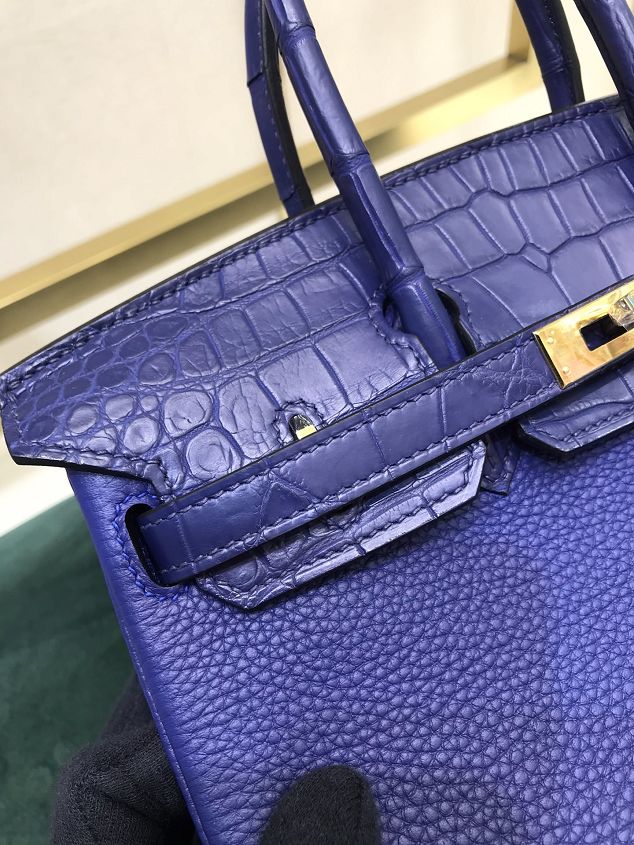 Hermes handmade original crocodile leather&calfskin birkin bag BK0035 blue