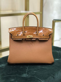 Hermes handmade original crocodile leather&calfskin birkin bag BK0035 brown