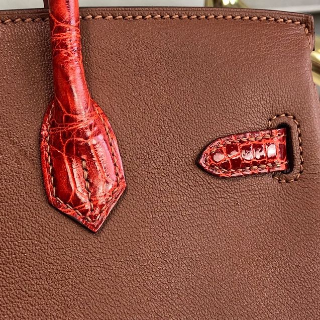 Hermes handmade original crocodile leather&calfskin birkin bag BK0035 brown&red
