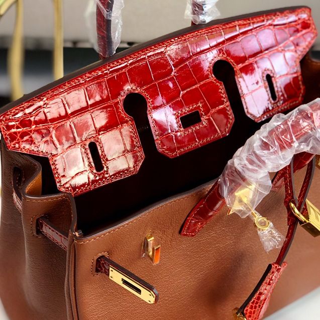 Hermes handmade original crocodile leather&calfskin birkin bag BK0035 brown&red