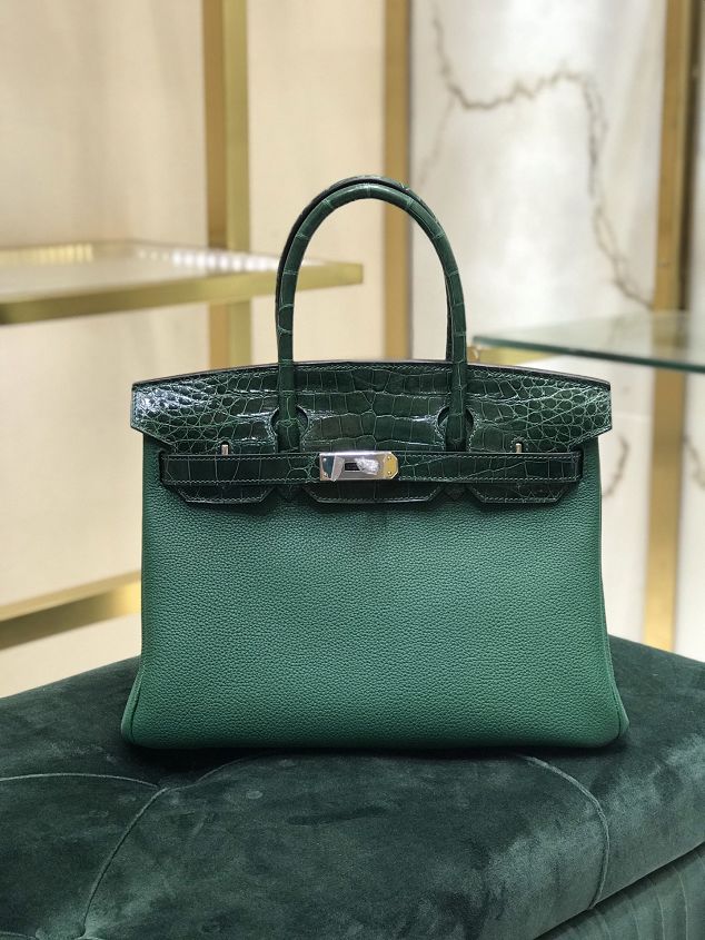 Hermes handmade original crocodile leather&calfskin birkin bag BK0035 green