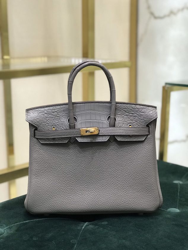 Hermes handmade original crocodile leather&calfskin birkin bag BK0035 grey