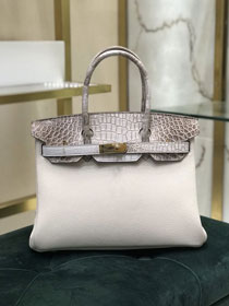 Hermes handmade original crocodile leather&calfskin birkin bag BK0035 white&grey