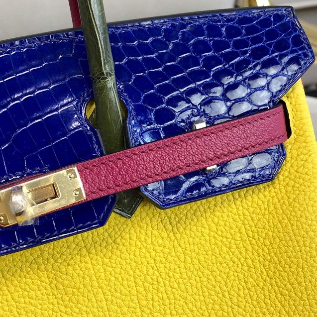 Hermes handmade original crocodile leather&calfskin birkin bag BK0035 yellow&blue