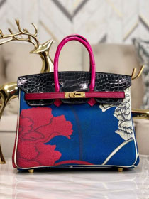 Hermes handmade original crocodile leather&calfskin birkin bag BK0036 blue&black