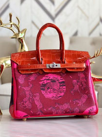 Hermes handmade original crocodile leather&calfskin birkin bag BK0036 red&pink