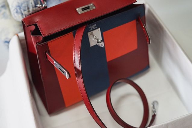 Hermes handmade original swift leather kelly bag K00036 bordeaux&pink&blue