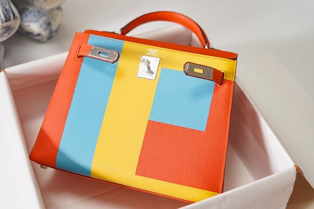 Hermes handmade original togo leather kelly bag K00036 orange&blue&yellow
