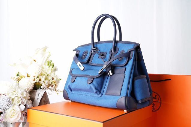 Hermes original canvas birkin 35 cargo bag BK0038 blue