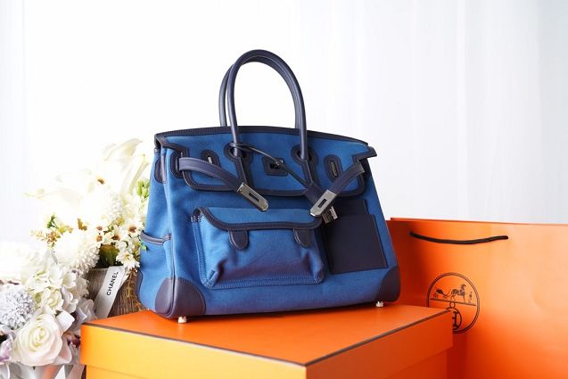 Hermes original canvas birkin 35 cargo bag BK0038 blue