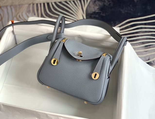 Hermes original togo leather mini lindy 19 bag H019 gris mouette