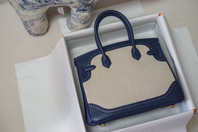 Hermes handmade original calfskin&canvas birkin bag BK00037 navy blue