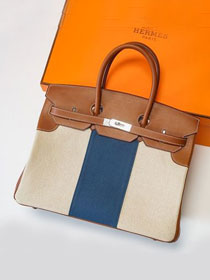 Hermes handmade original calfskin&canvas birkin bag BK00037 white&blue&caramel