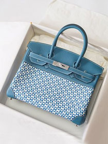Hermes handmade original calfskin&canvas birkin bag BK00037 blue&caramel