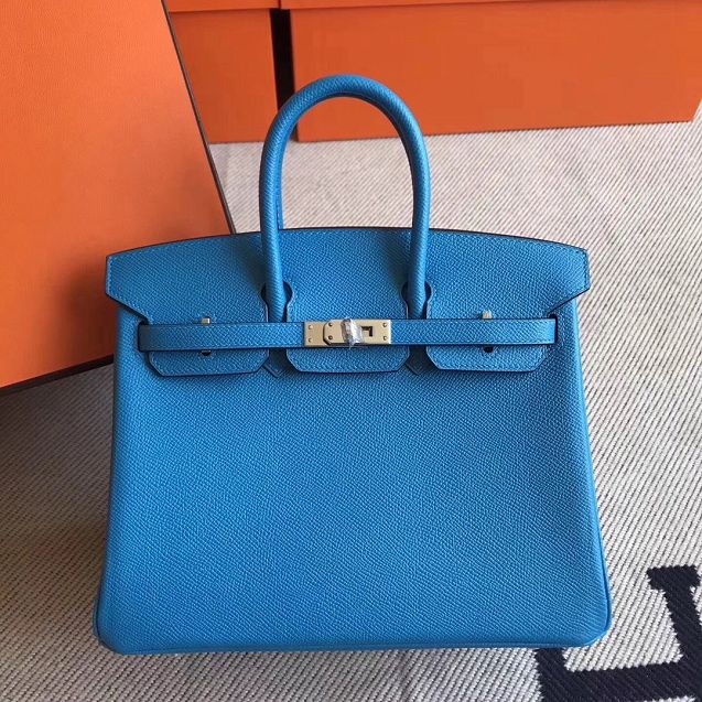 Hermes original epsom leather birkin 25 bag H25-3 blue zanzibar