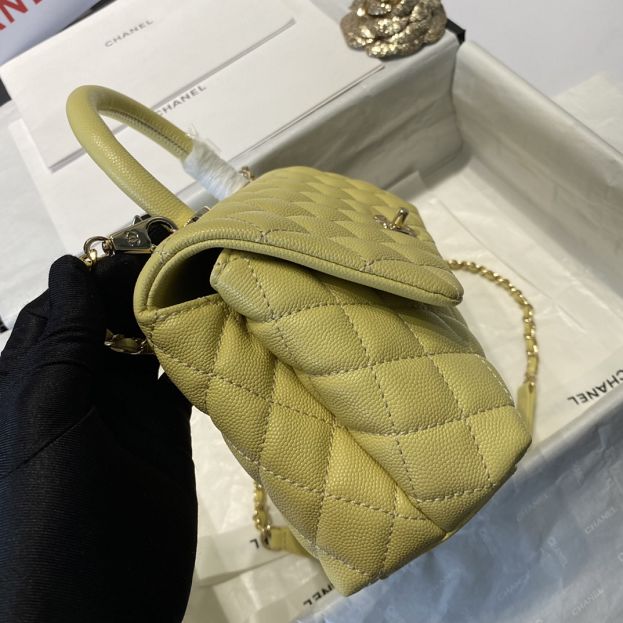 CC original grained calfskin small coco handle bag A92990 light yellow