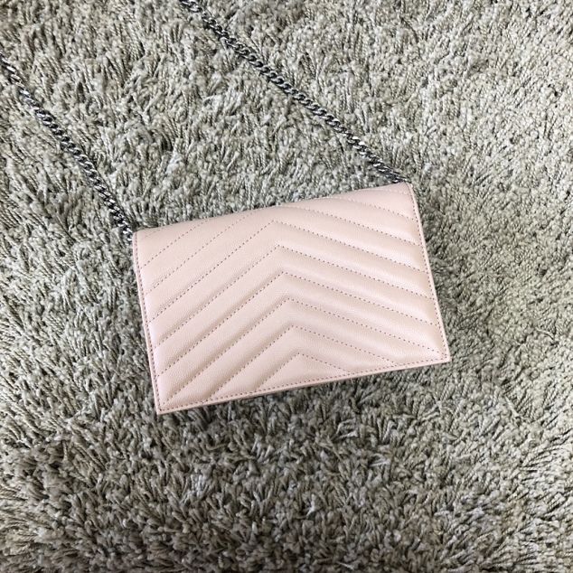 YSL original grained calfskin envelope small wallet on chain 393953 pink