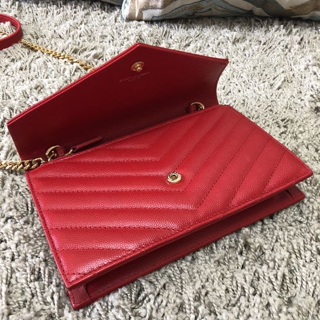 YSL original grained calfskin envelope small wallet on chain 393953 red