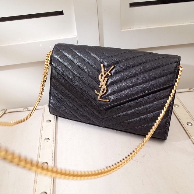 YSL original grained calfskin envelope wallet on chain 360452 black