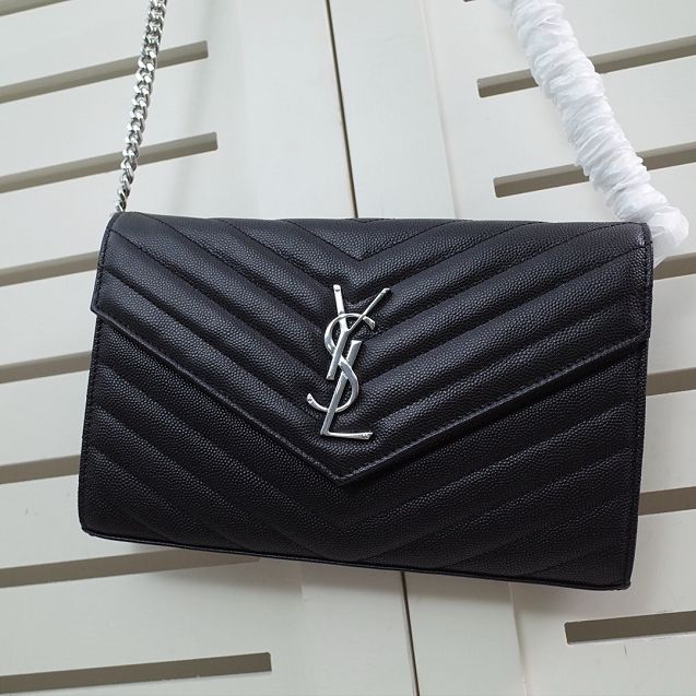 YSL original grained calfskin envelope wallet on chain 360452 black