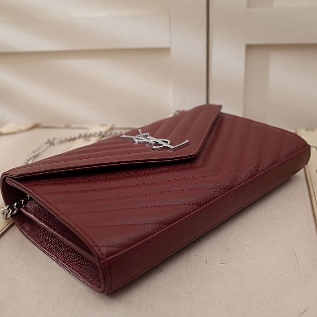YSL original grained calfskin envelope wallet on chain 360452 bordeaux