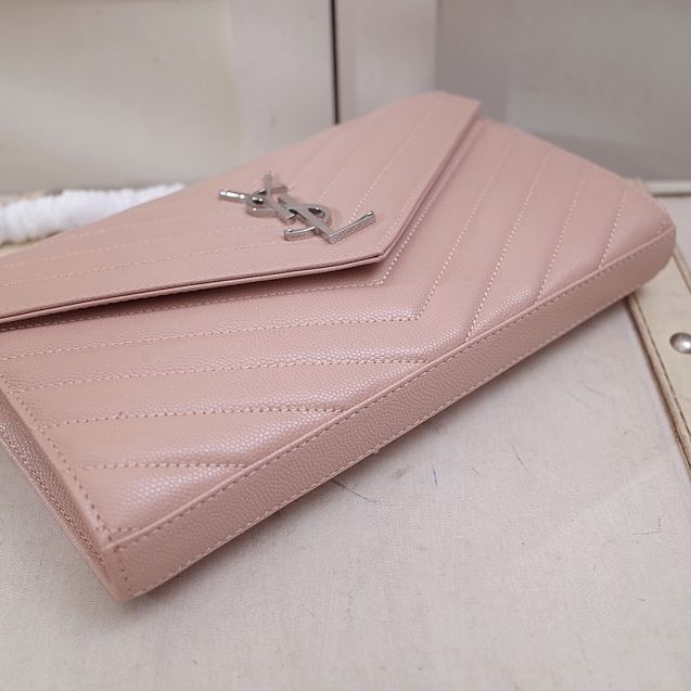 YSL original grained calfskin envelope wallet on chain 360452 pink