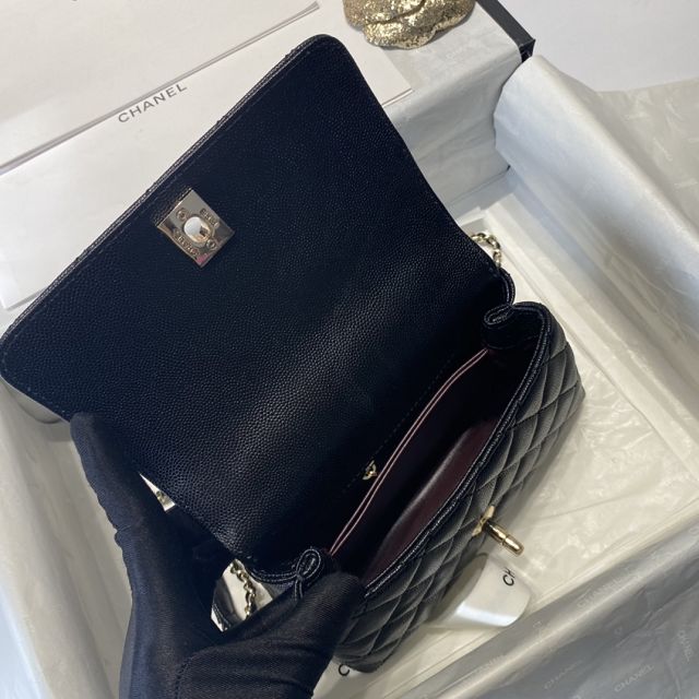 New CC original grained calfskin coco top handle mini flap bag AS2215 black