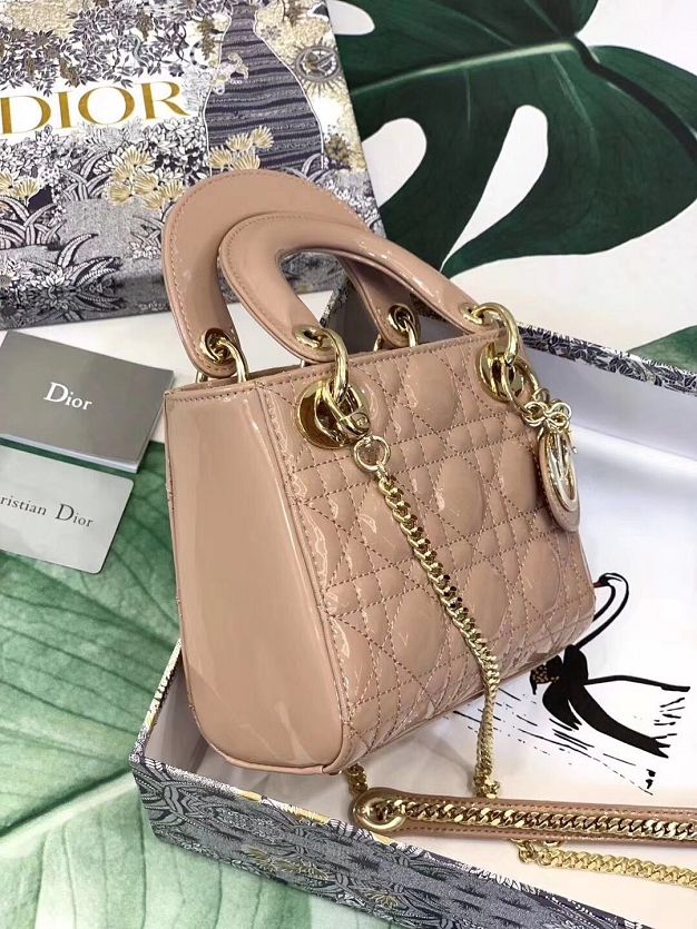 Dior original patent calfskin mini lady bag M0505 nude