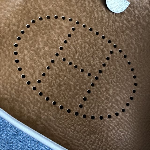Hermes original epsom leather evelyne pm shoulder bag E28 brown&white