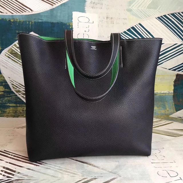 Hermes original calfskin reversible shoping bag K0298 black&green