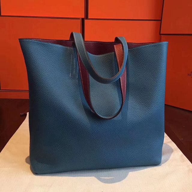 Hermes original calfskin reversible shoping bag K0298 blue&bordeaux