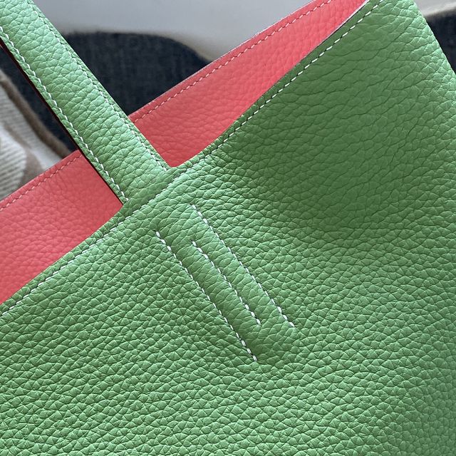 Hermes original calfskin reversible shoping bag K0298 green&pink