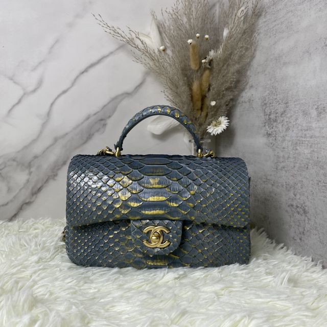 CC original python leather mini top handle flap bag AS2431 light blue&gold